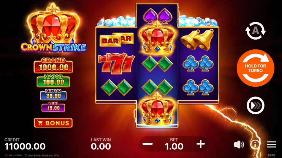 Crown Strike: Hold and Win base game grid with Bonus and Striking Crown symbols