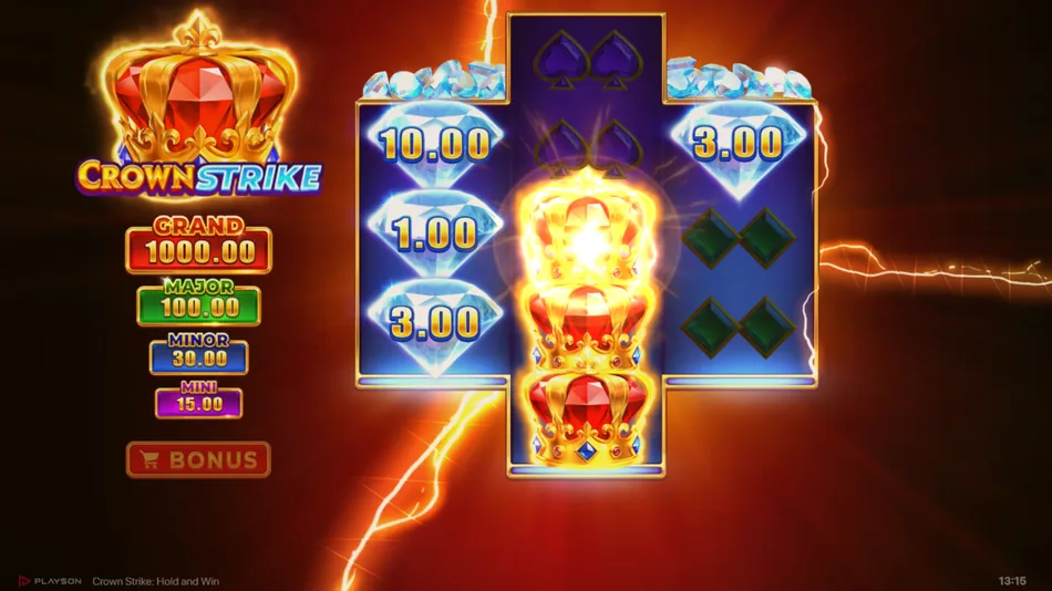 Pile of Diamonds Feature adding Bonus and Striking Crown symbols to the Crown Strike grid